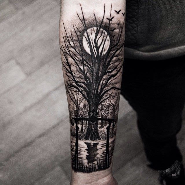 Dark Ink Moon And Tree Tattoo On Right Forearm