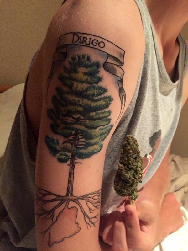 Dirigo Banner and Pine Tree Tattoo On Right Half Sleeve