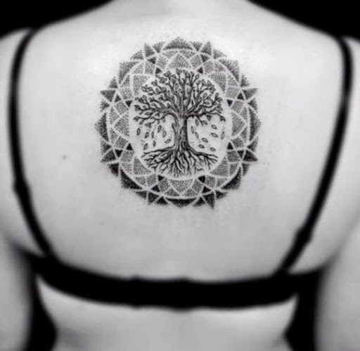 Dotwork Ash Tree Tattoo On Girl Back Body