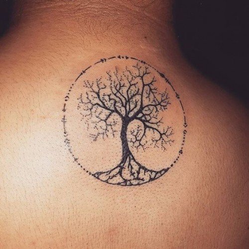 Dotwork Ash Tree Tattoo On Upper Back
