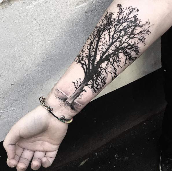 Dotwork Black And Grey Tree Tattoo On Right Forearm