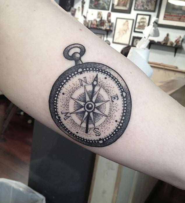 Dotwork Compass Tattoo On Arm Sleeve