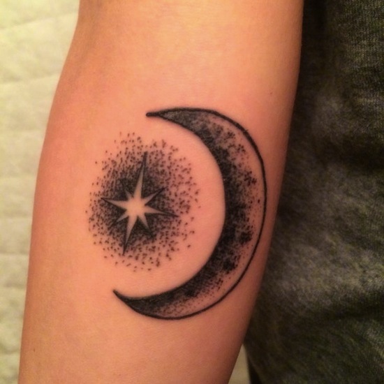 Dotwork Crescent Moon Tattoo On Arm Sleeve