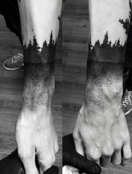 Dotwork Grey And Black Ink Forest Tree Tattoos On Arm