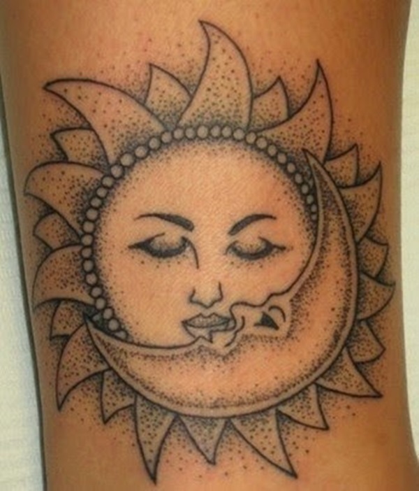 Dotwork Moon And Sun Tattoo On Arm Sleeve