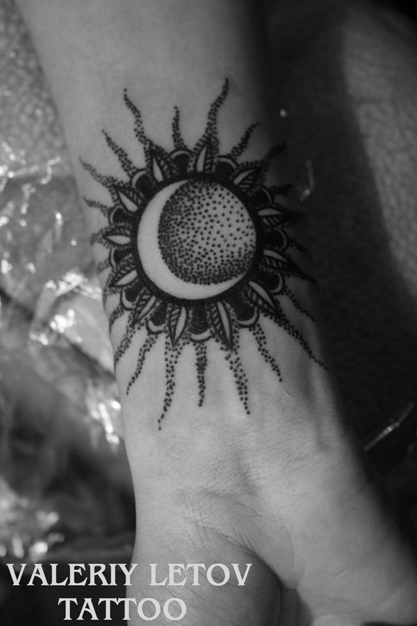 Dotwork Moon And Sun Tattoo On Wrist