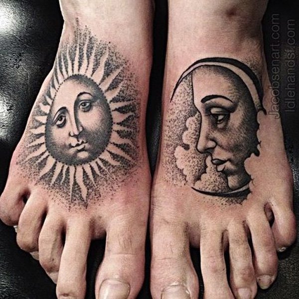 Dotwork Sun and Moon Tattoos On Feet