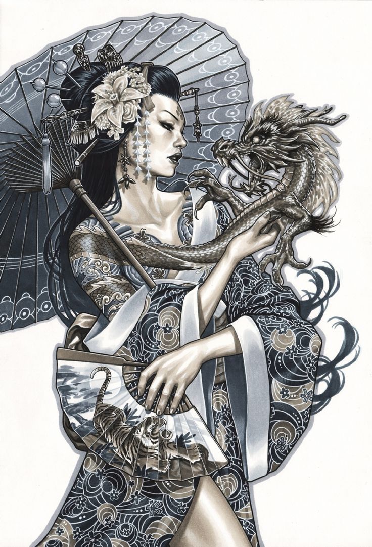 Dragon With Geisha Tattoo Design