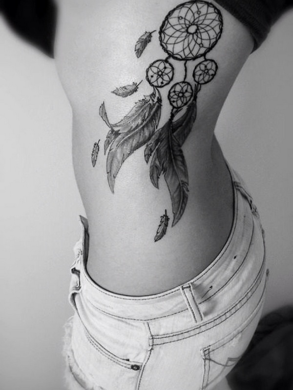 Dreamcatcher Tattoo On Side Rib Black And White Picture
