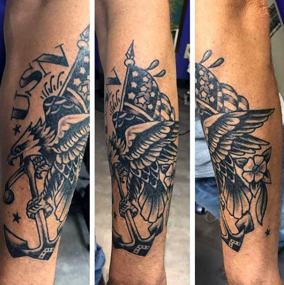 Eagle Flying With Anchor Navy Tattoo On Arm Sleeve