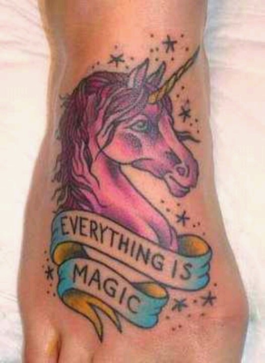 Everything Is Magic Banner And Gothic Unicorn Head Tattoo On Right Foot