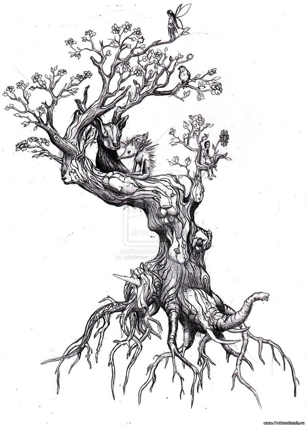 Fairy And Animals On Ash Tree Tattoo Design