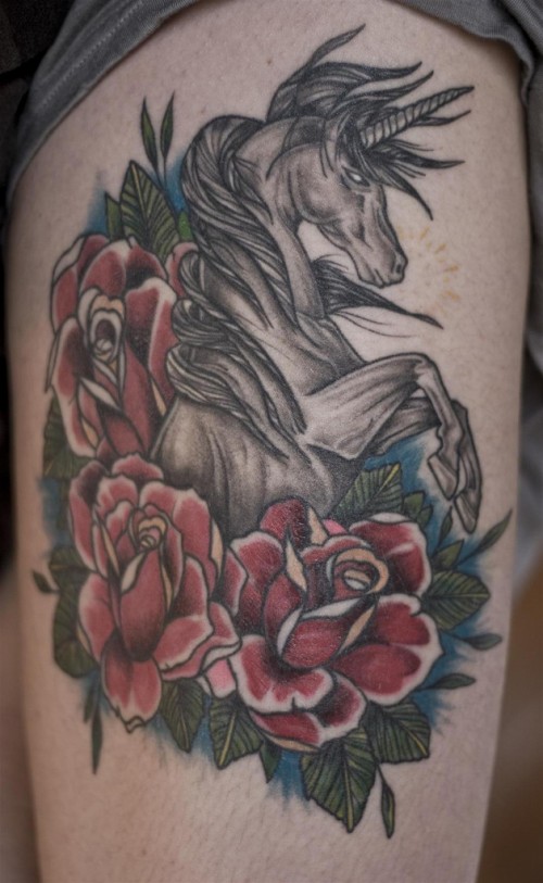 Feminine Roses And Unicorn Tattoo Idea