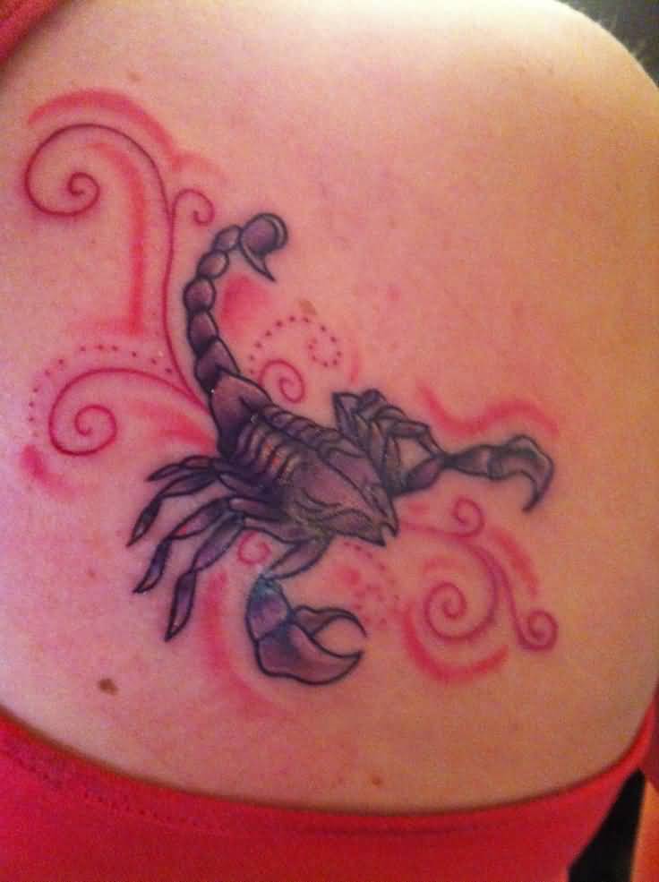 Feminine Scorpion Tattoo On Girl Right Back Shoulder