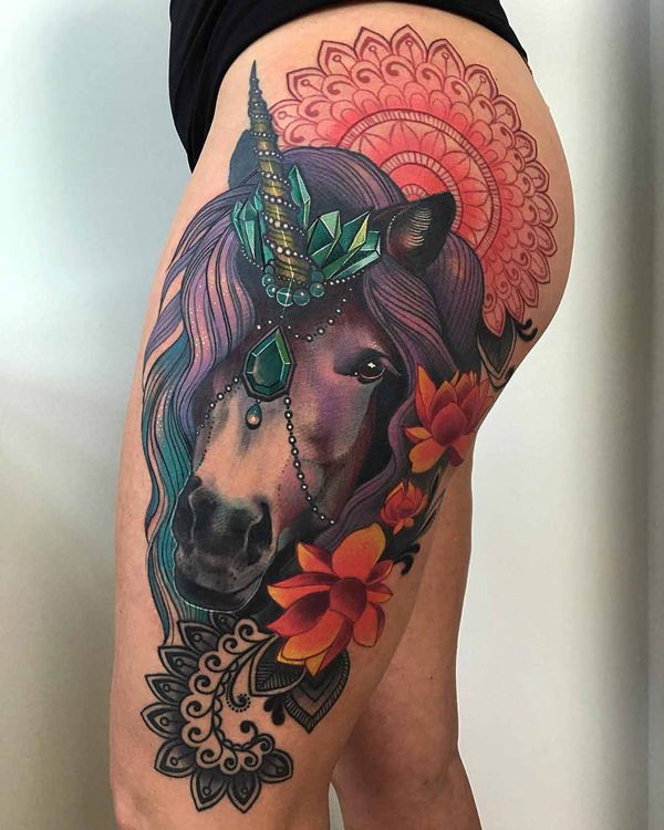 Feminine Unicorn Head Tattoo On Girl Left Leg