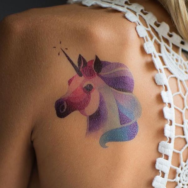 Feminine Unicorn Head Tattoo On Left Back Shoulder
