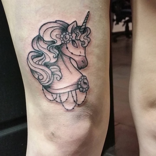 Feminine Unicorn Head Tattoo On Thigh For Girls.