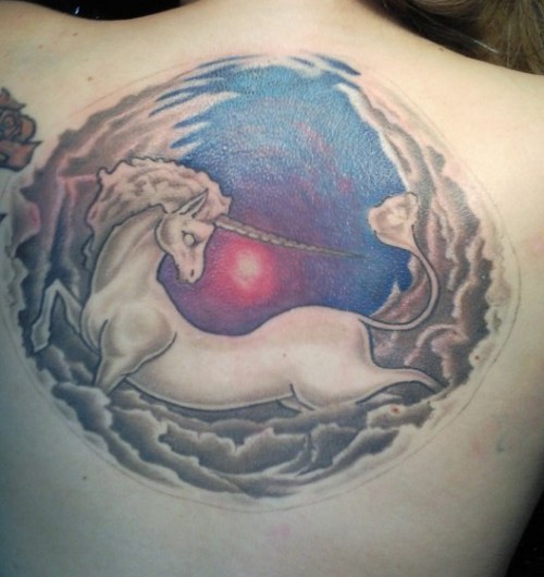 Feminine Unicorn Tattoo On Girl Back