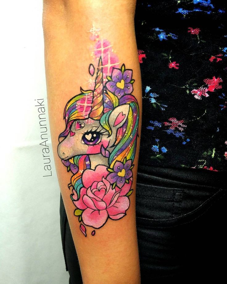 Feminine Unicorn Tattoo On Right Arm by Laura Anunnaki