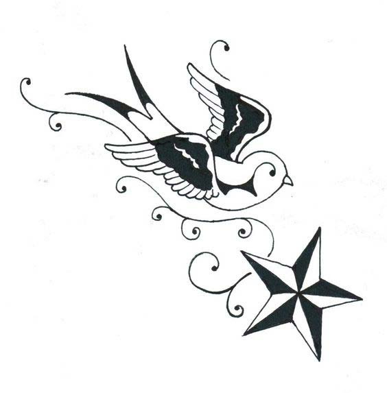Flying Swallow And Nautical Star Tattoo Design