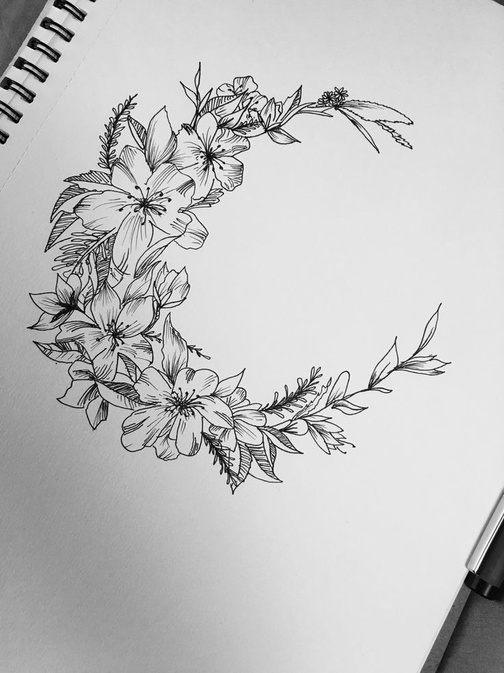 Floral Crescent Moon Tattoo Design Idea