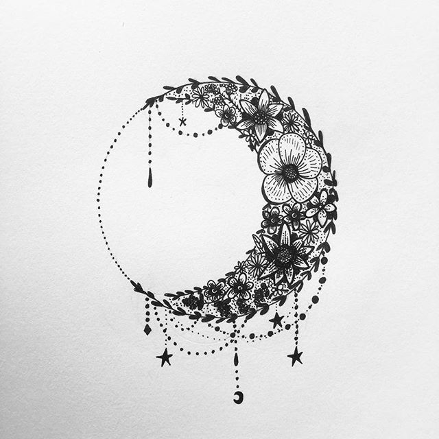 Floral Crescent Moon Tattoo Design