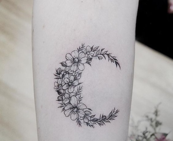 Floral Crescent Moon Tattoo On Forearm