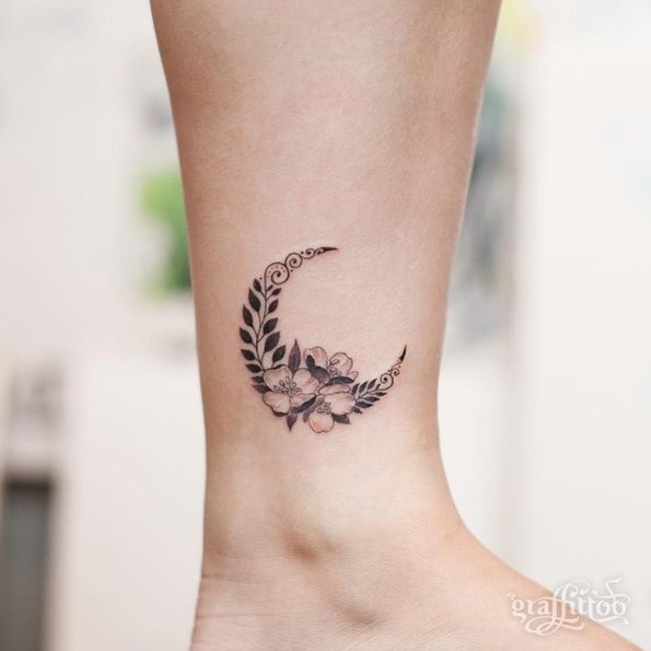 Floral Crescent Moon Tattoo On Side Leg