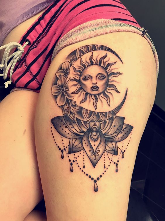 Floral Moon And Mandala Flower Tattoo On Left thigh