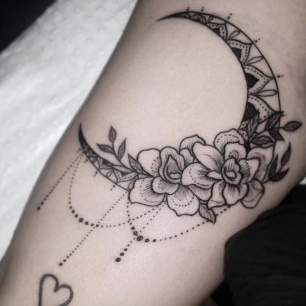 Floral Moon Tattoos On Arm Sleeve