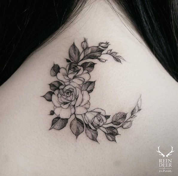 Flower And Crescent Moon Tattoo On Nape