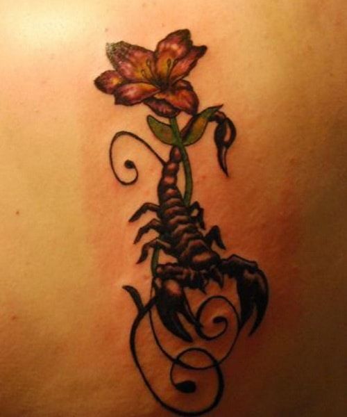 Flower And Scorpion Tattoo On Back