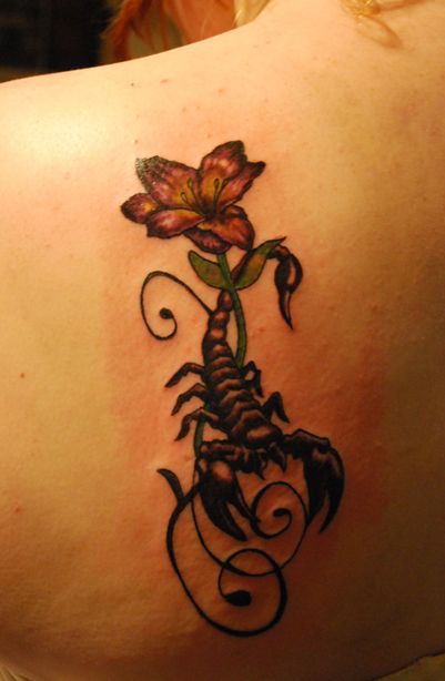 Flower and Scorpion Tattoo On Left Back Shoulder