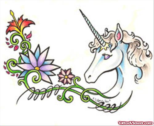 Flowers And Feminine Unicorn Head Tattoo Design