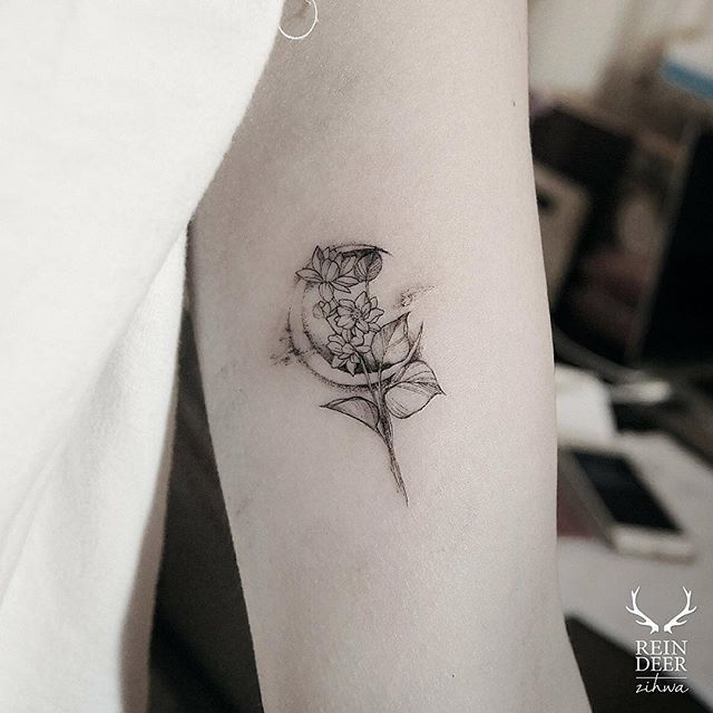 Flowers And Moon Tattoo On Bicep