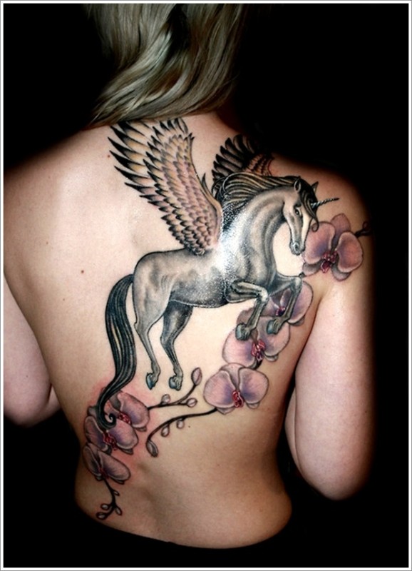Flowers And Winged Unicorn Tattoo On Girl Back Body