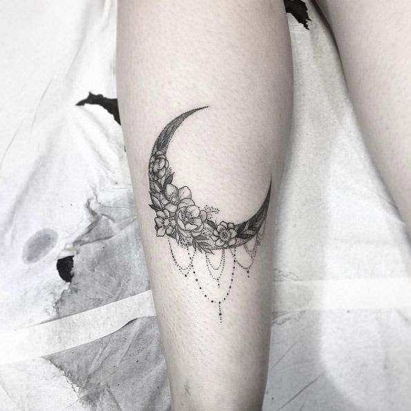 Flowers In Moon Tattoo On Leg