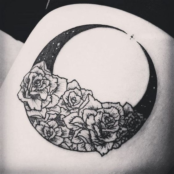 Flowers and Black Crescent Moon Tattoo