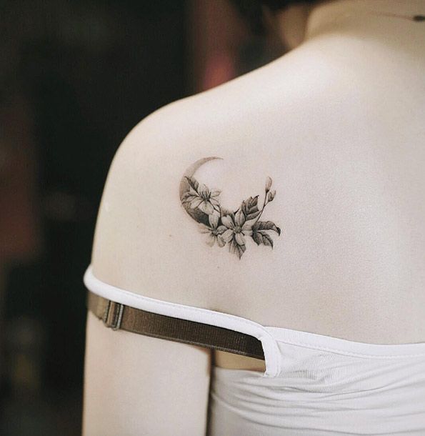 Flowers and Crescent Moon Tattoo On Left Back Shoulder