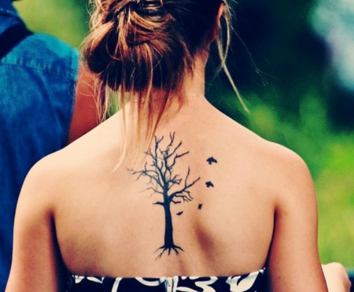 Flying Birds And Ash Tree Tattoo On Girl Upper Back
