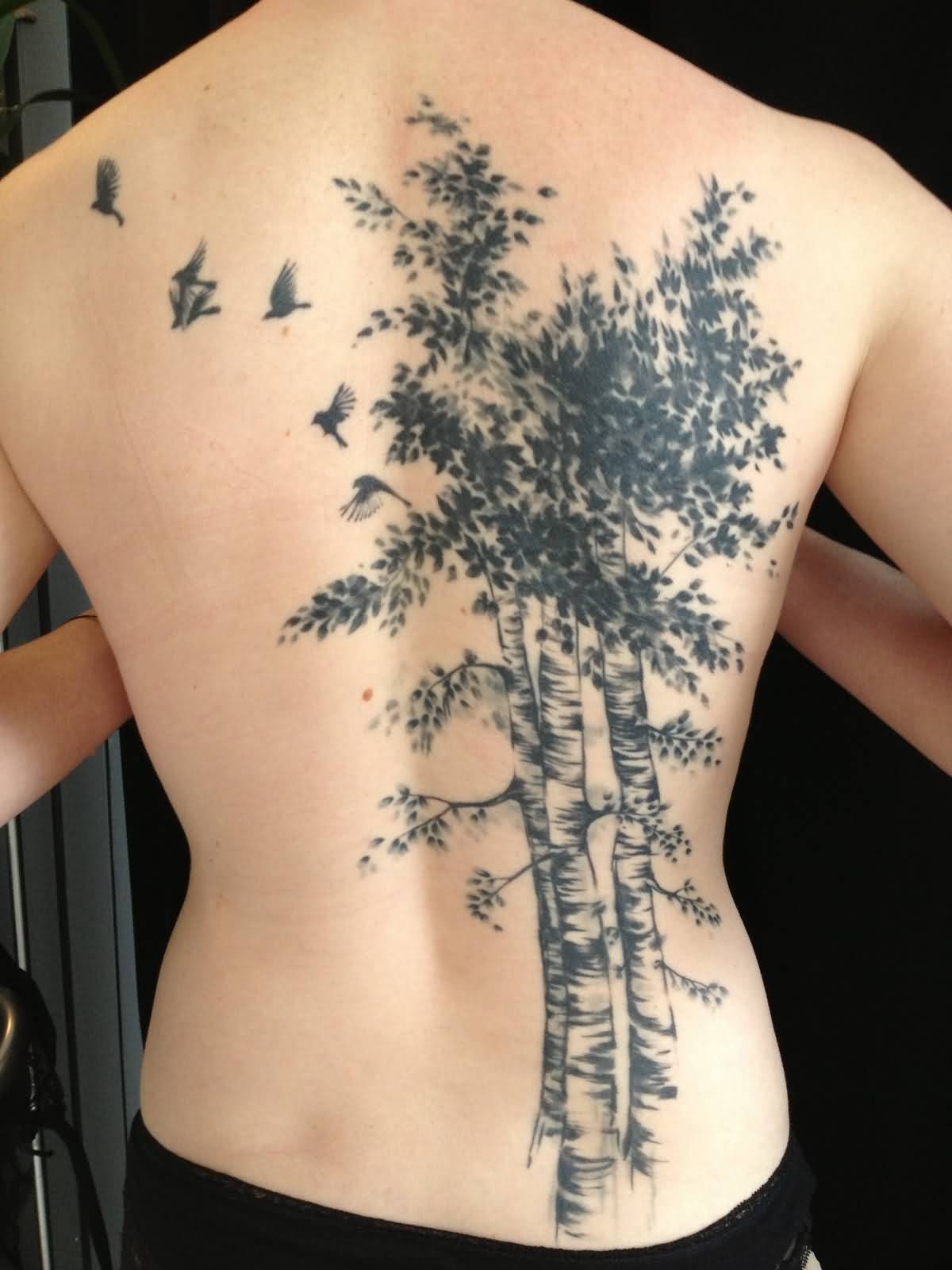 Flying Birds And Birch Tree Tattoo On Girl Back Body