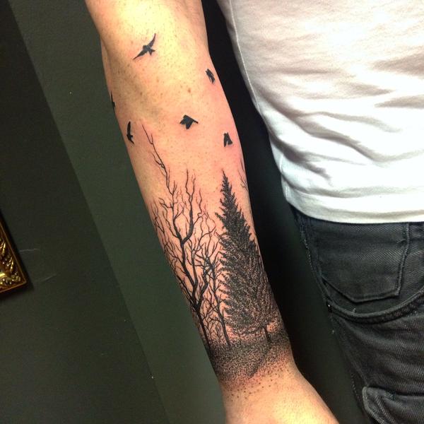 Flying Birds And Birch Tree Tattoo On Man Right Arm