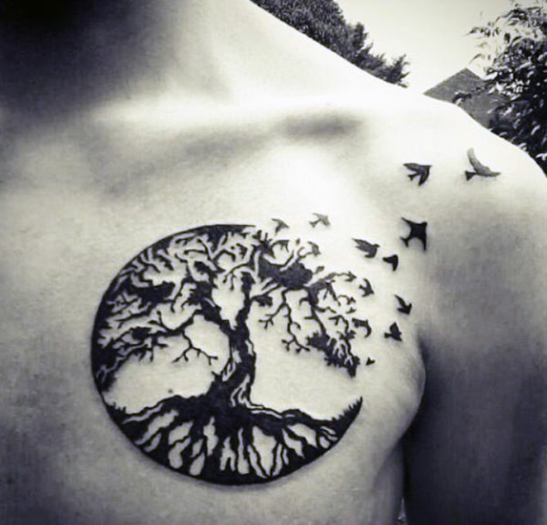 Flying Birds And Oak Tree Tattoo On Man Front Shoulder