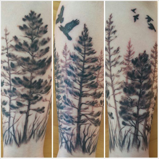 Flying Birds And Pine Tree Tattoo Idea