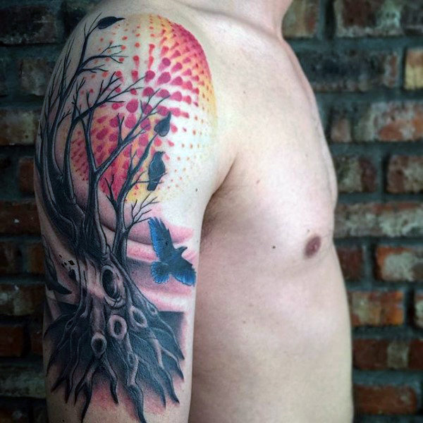 Flying Birds And Tree Tattoo On Right Half Sleeve