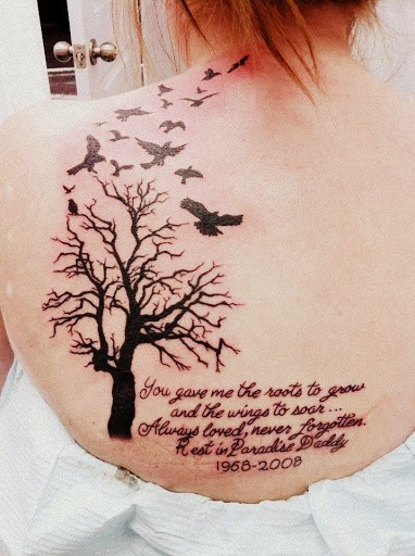 Flying Birds And Tree Without Leaves Tattoo On Left Back Shoulder
