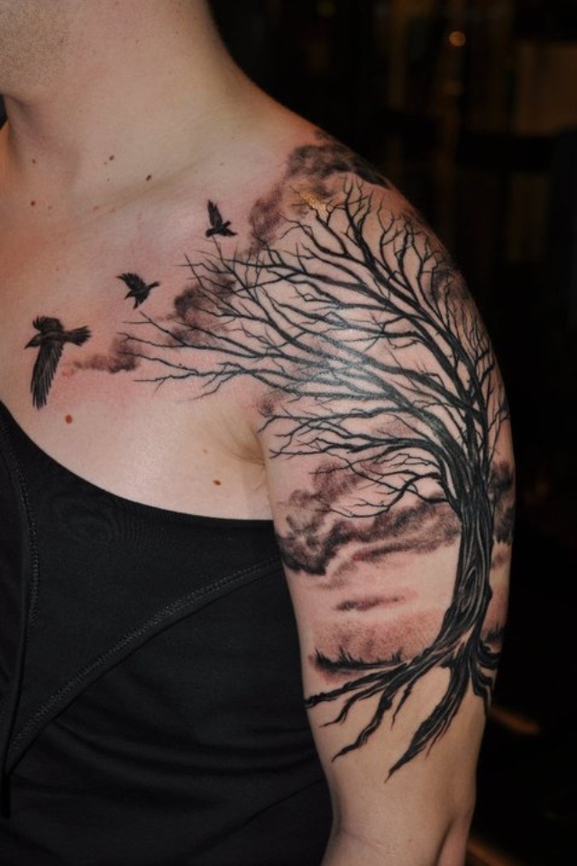 Flying Birds and Ash Tree Tattoo On Girl Left Shoulder