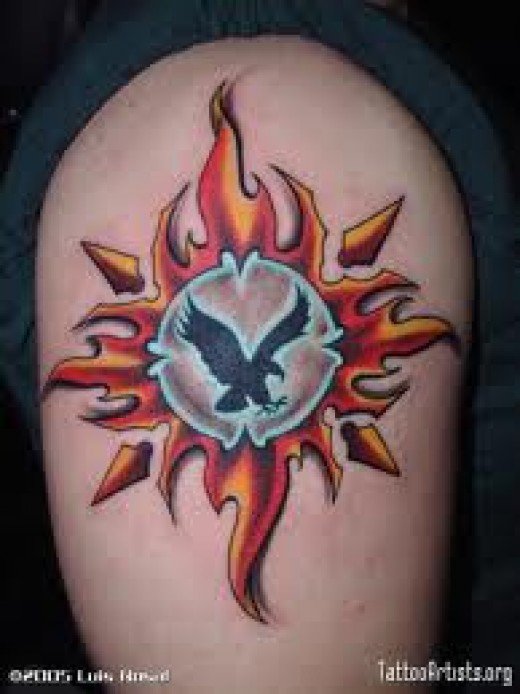 Flying Eagle and Sun Tattoo On Shoulder