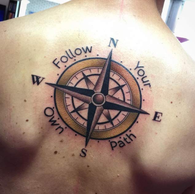 Follow Your Own Path Compass Tattoo On Man Upper Back