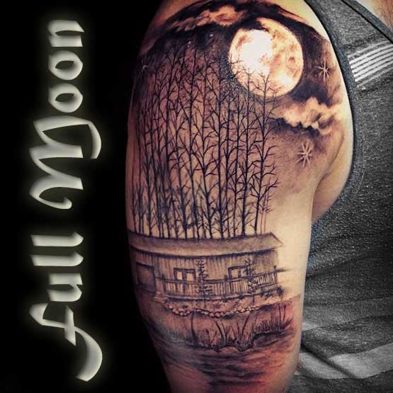 Forest Trees And Full Moon Tattoo On Man Right Half Sleeve
